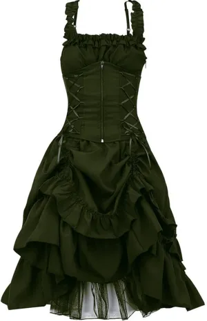 2021 Women's Sleeveless Long Gothic Dress Steampunk Strappy Layers Dress Zipper Corset Square Neck Ruffled Skirt Lace Long Dress Green