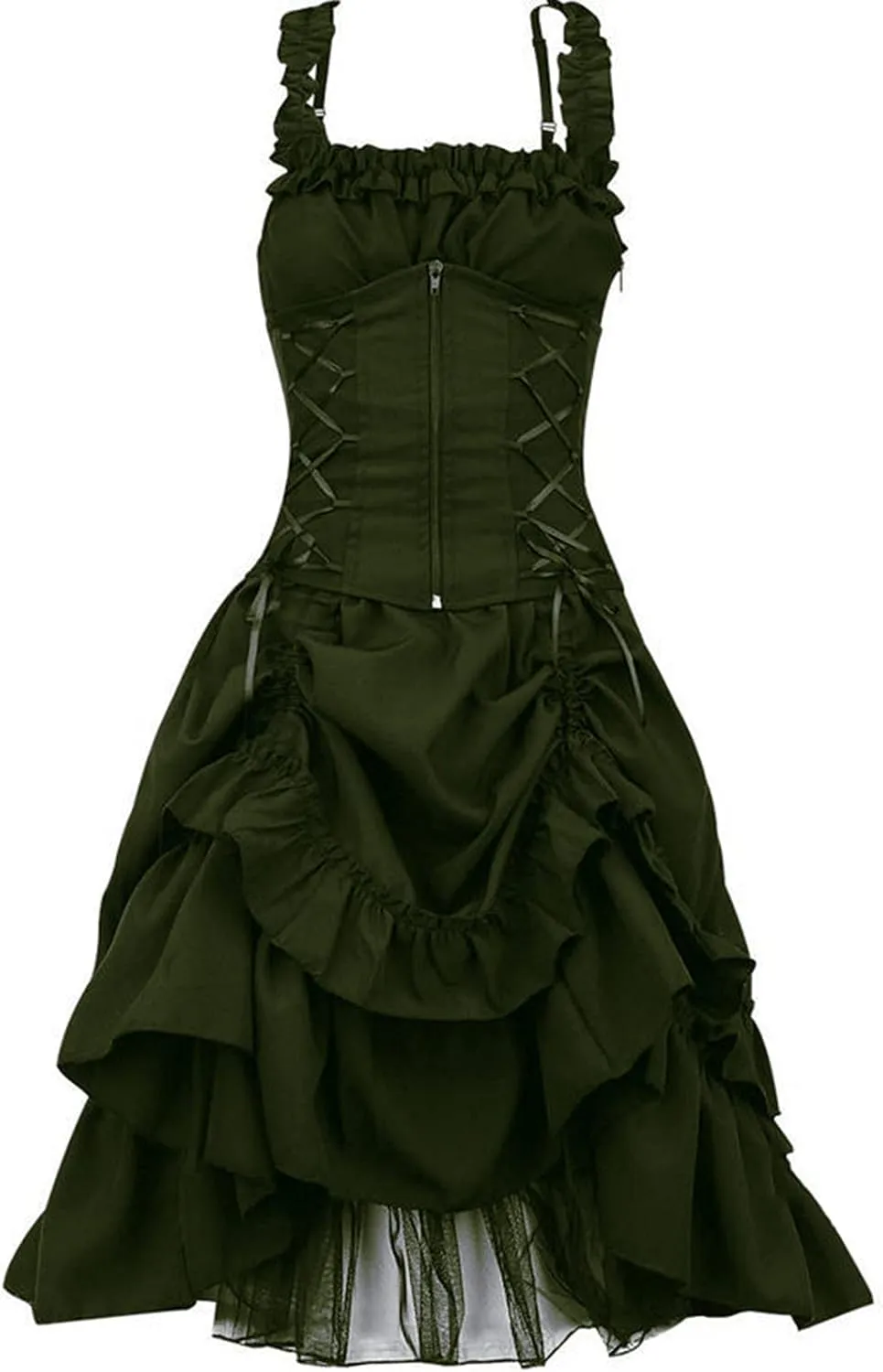 2021 Women's Sleeveless Long Gothic Dress Steampunk Strappy Layers Dress Zipper Corset Square Neck Ruffled Skirt Lace Long Dress Green