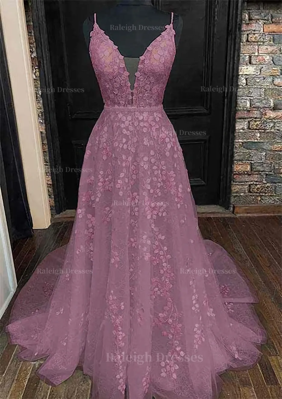 A-line V Neck Sleeveless Lace Court Train Prom Dress With Pleated