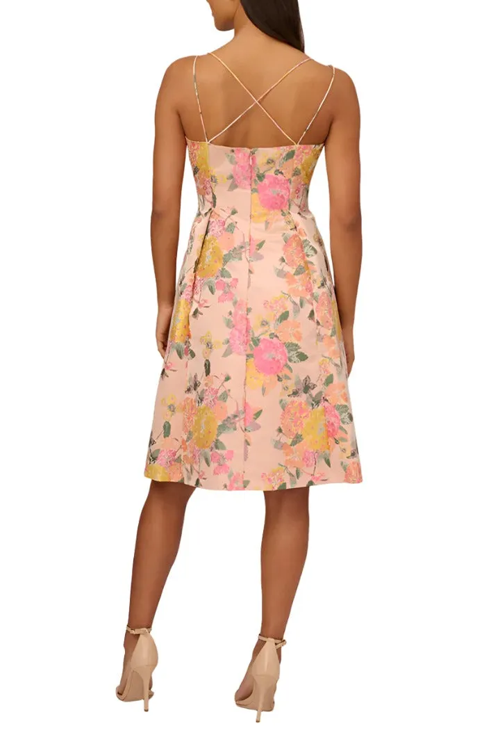 Adrianna Papell spaghetti strap zipper closure box pleat floral jacquard dress
