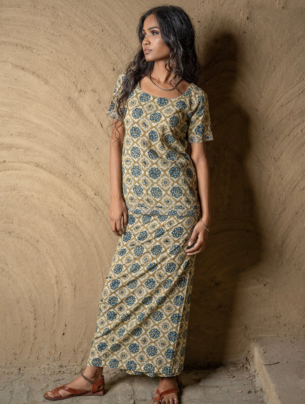 Ajrakh Hand Block Printed Wrap Skirt & Top Set - Ornate Flora