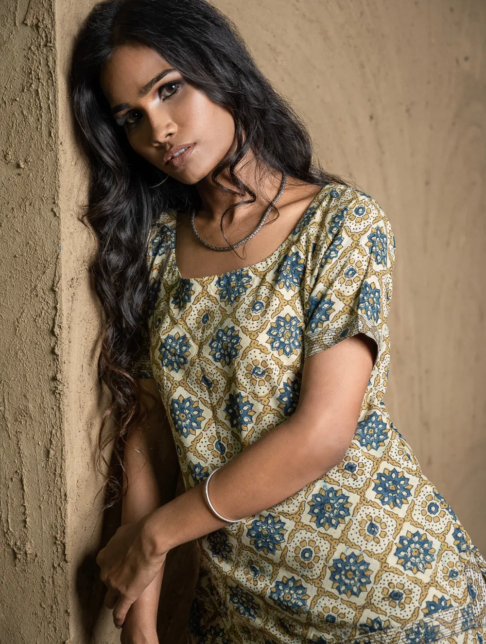 Ajrakh Hand Block Printed Wrap Skirt & Top Set - Ornate Flora