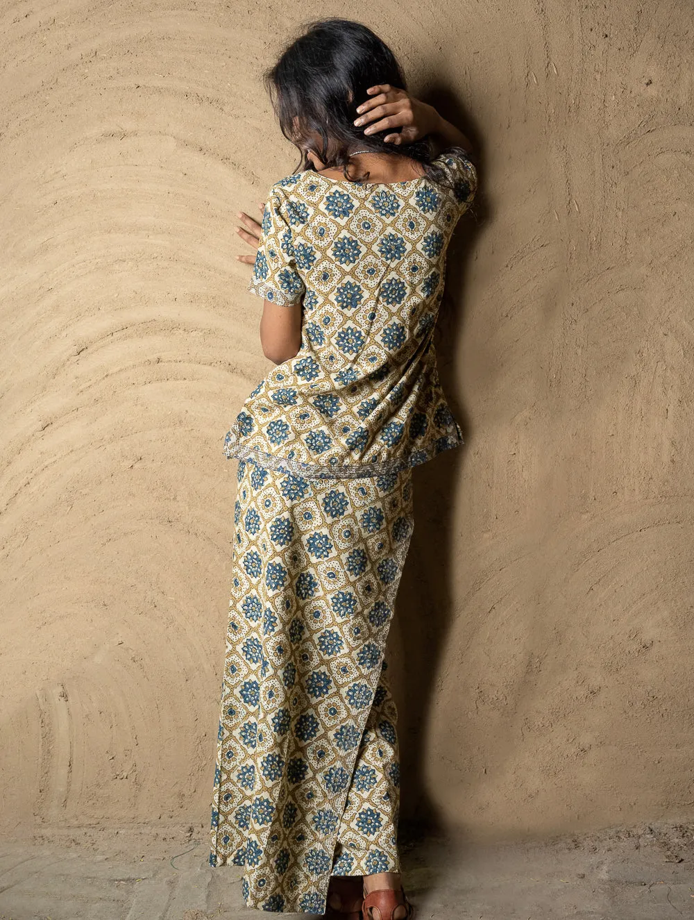 Ajrakh Hand Block Printed Wrap Skirt & Top Set - Ornate Flora