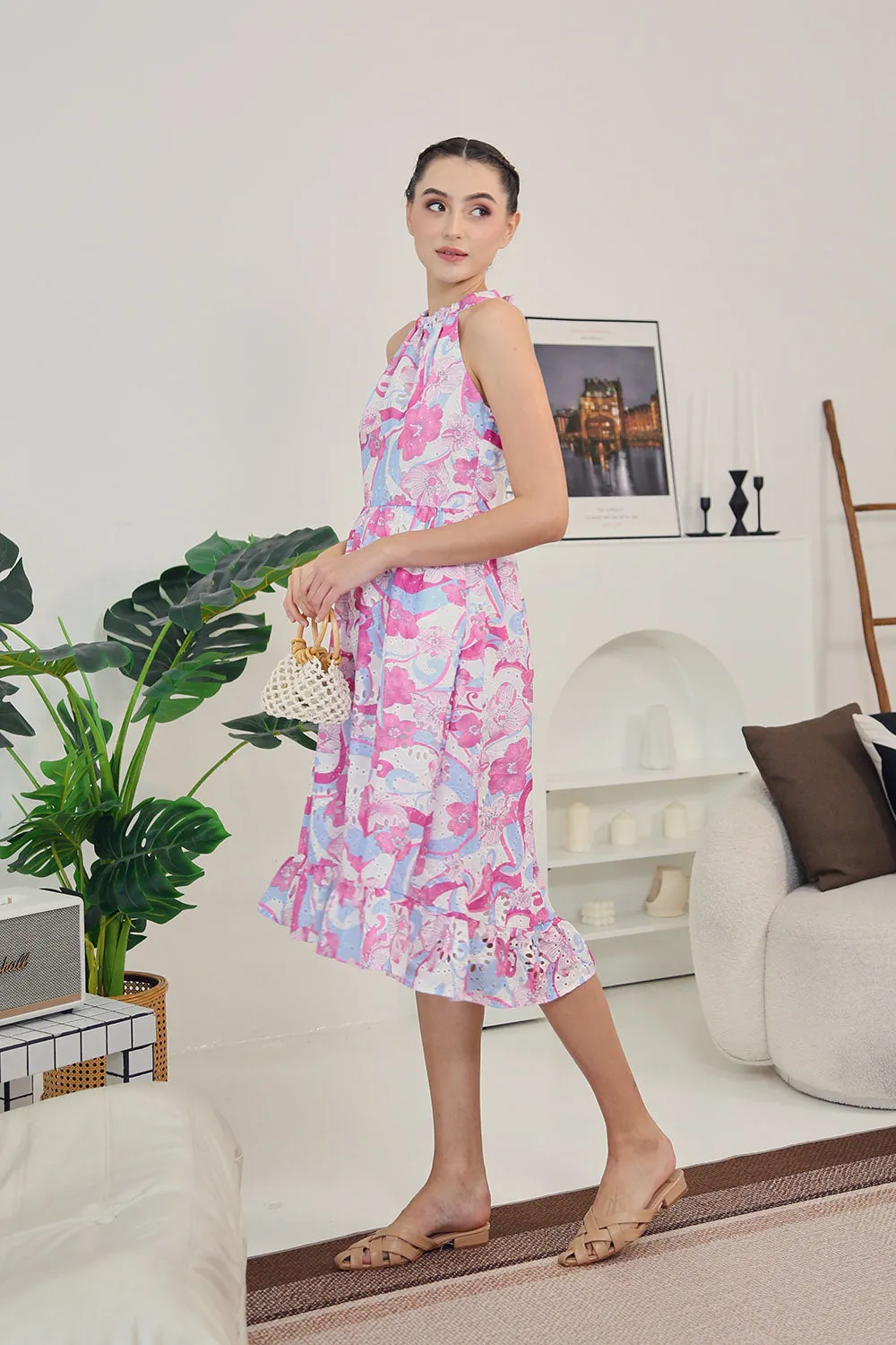 Amara Halter Dress in Abstract Pink Floral
