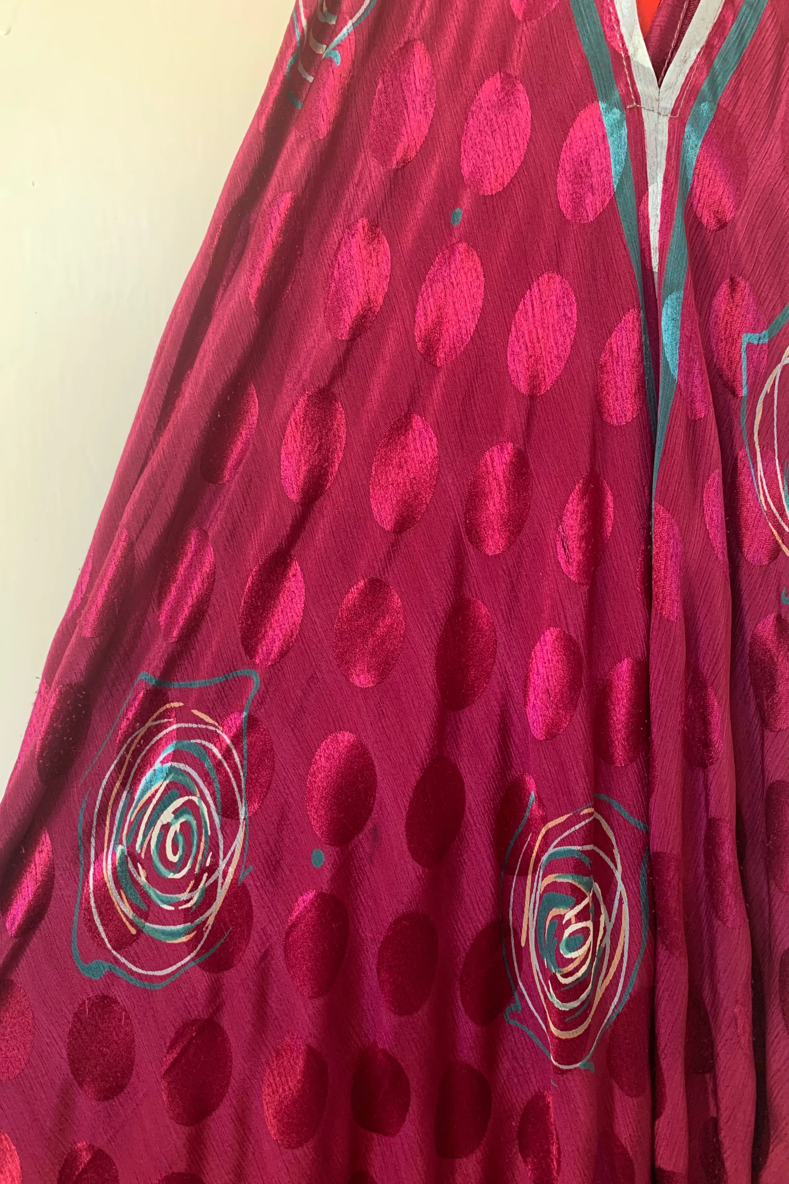 Athena Maxi Dress - Vintage Sari - Cherry & Teal Abstract Roses - S to M/L
