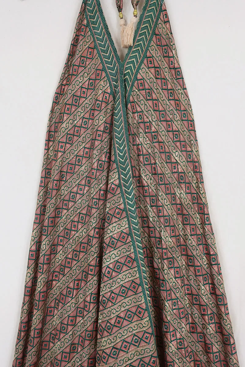 Athena Maxi Dress - Vintage Sari - Green Earth Tiles - Free Size S/M
