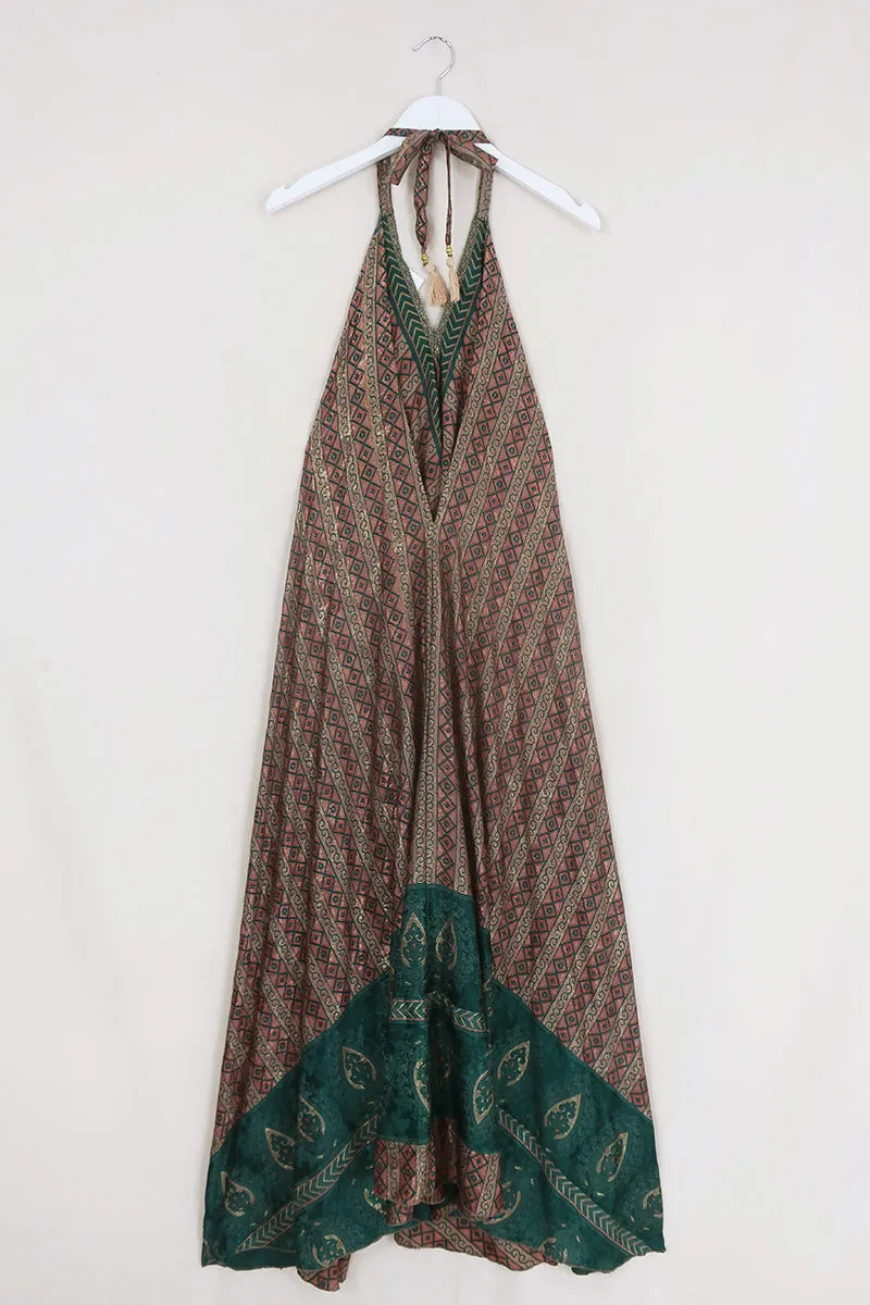 Athena Maxi Dress - Vintage Sari - Green Earth Tiles - Free Size S/M