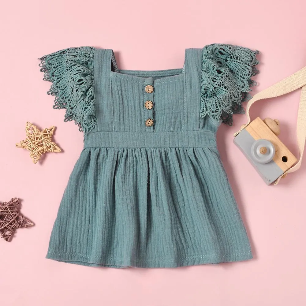 Baby Girls Dresses Solid Color Lace Sleeve Dress Baby Wholesales