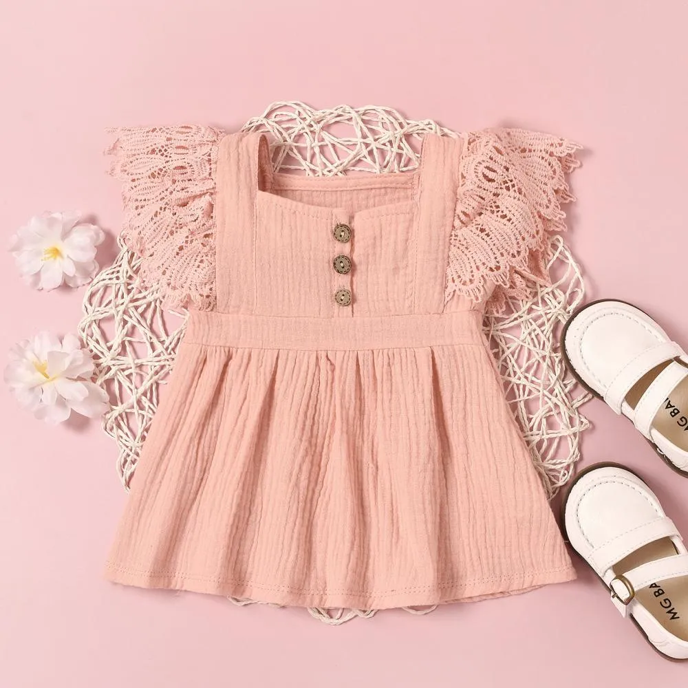 Baby Girls Dresses Solid Color Lace Sleeve Dress Baby Wholesales