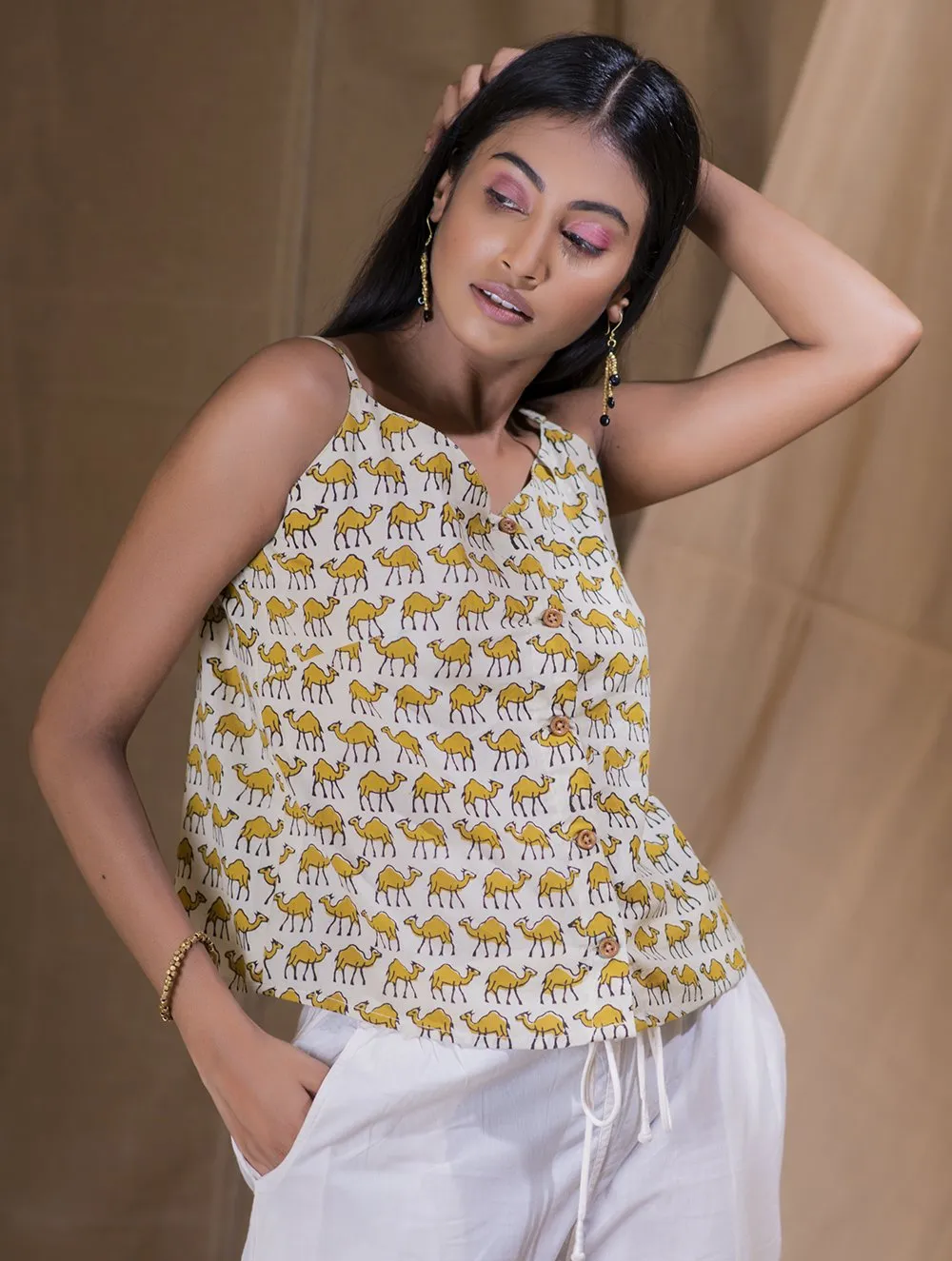 Bagru Block Printed Cami Top & White Pants (Set of 2) - Yellow Camel