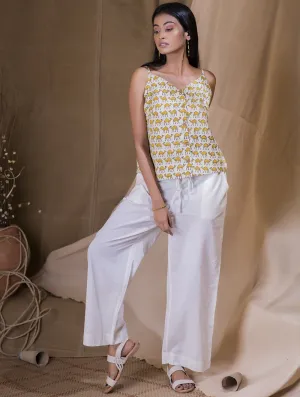 Bagru Block Printed Cami Top & White Pants (Set of 2) - Yellow Camel