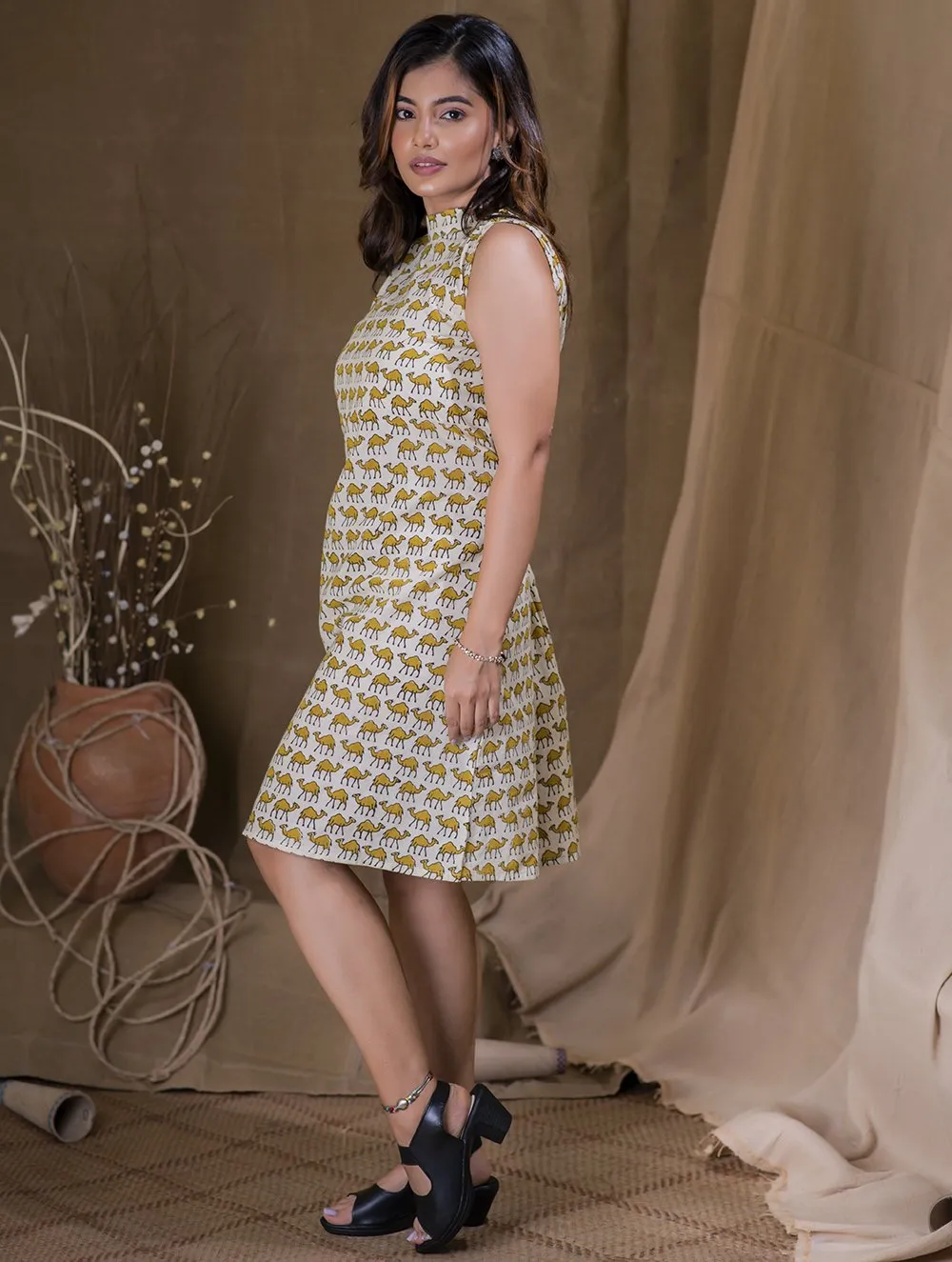 Bagru Block Printed Short Dress - Yellow Camel