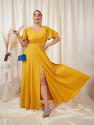 Berrylush Women Plus Size Solid Yellow Round Neck Flutter Sleeve Back Cutout Thigh-High Slit Flared Maxi Dress