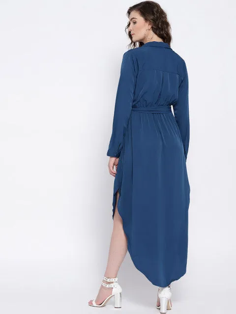 Berrylush Women Solid Blue Shirt Collar Neck Waist Tie-Up Empire Midi Dress