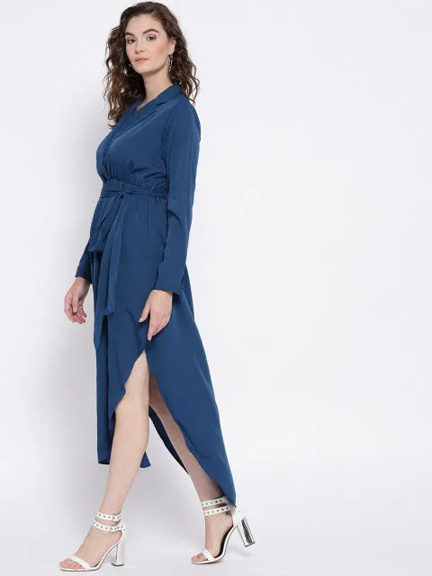Berrylush Women Solid Blue Shirt Collar Neck Waist Tie-Up Empire Midi Dress