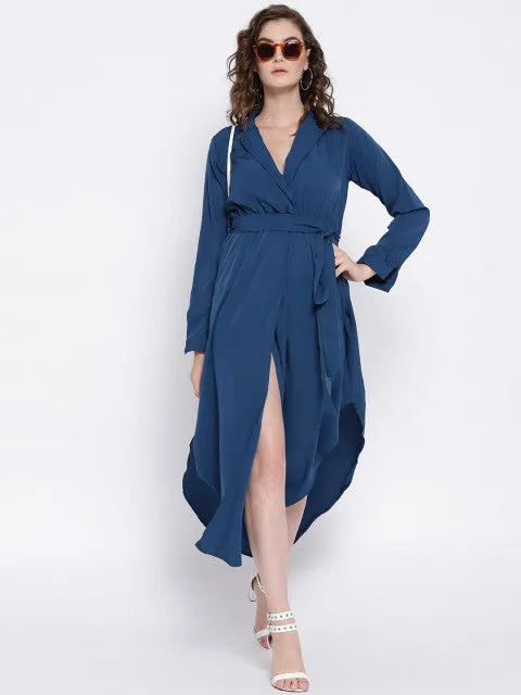 Berrylush Women Solid Blue Shirt Collar Neck Waist Tie-Up Empire Midi Dress