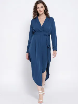 Berrylush Women Solid Blue Shirt Collar Neck Waist Tie-Up Empire Midi Dress