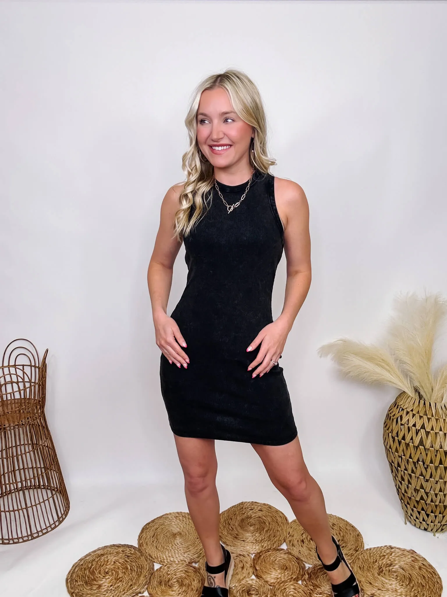 Black Acid Washed Ribbed Tank Mini Dress