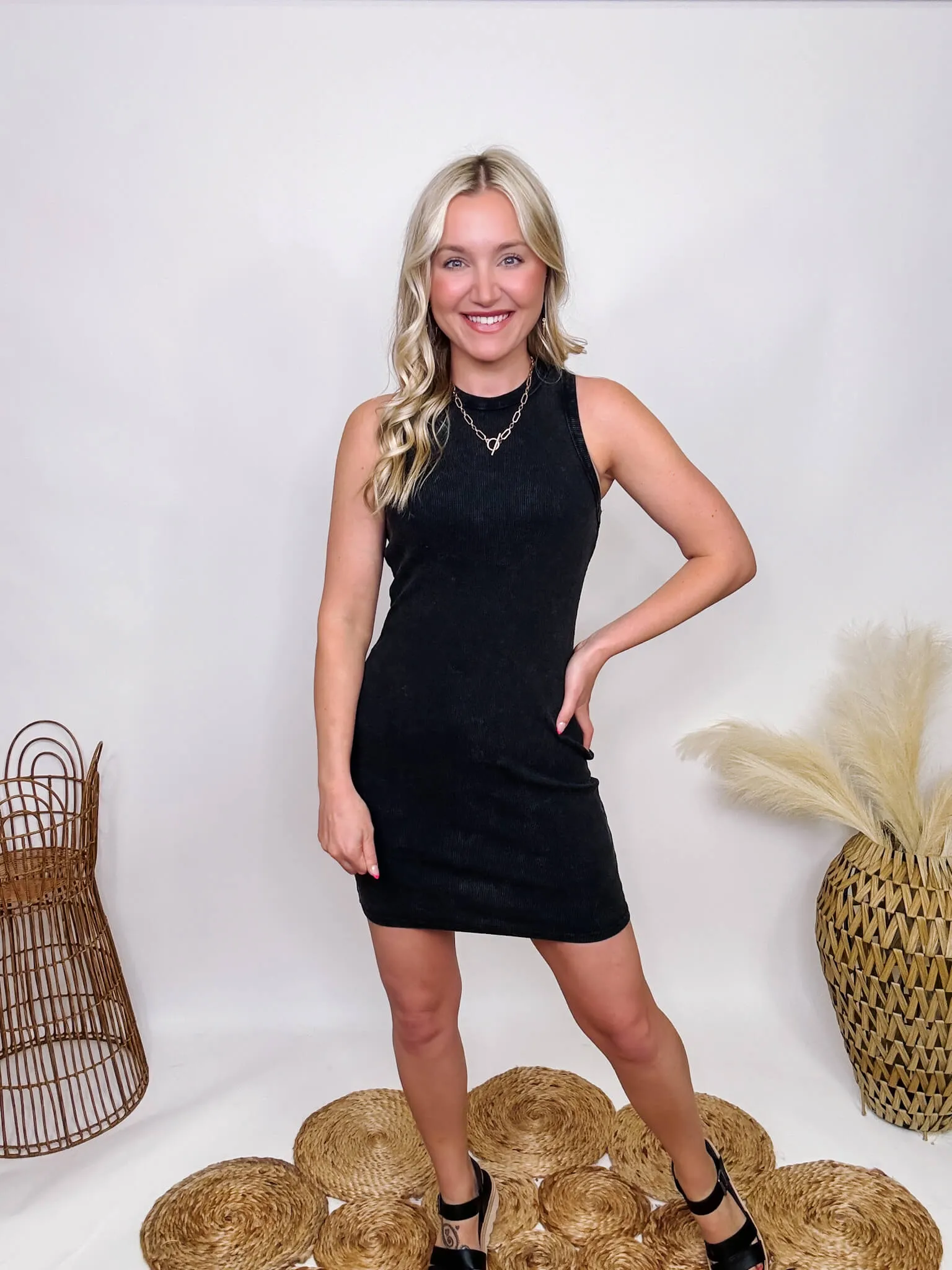 Black Acid Washed Ribbed Tank Mini Dress