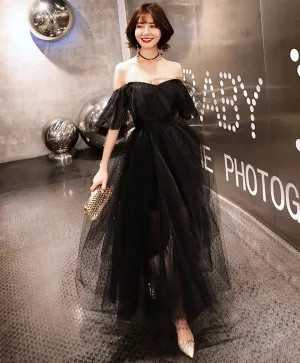 Black Tulle Tea Length Prom Dress, Black Evening Dress