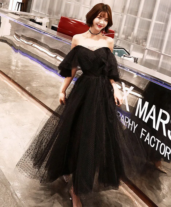 Black Tulle Tea Length Prom Dress, Black Evening Dress