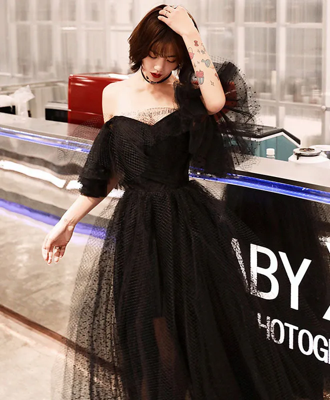 Black Tulle Tea Length Prom Dress, Black Evening Dress