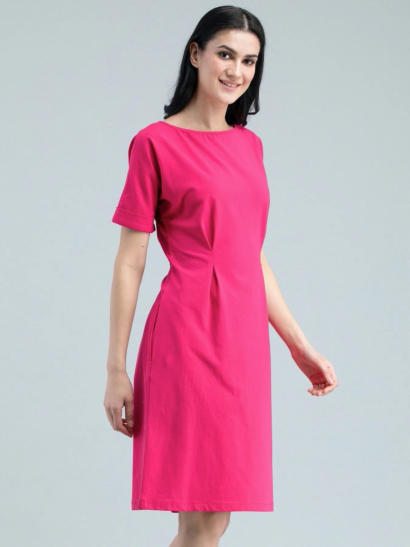 Boat Neck Drop Shoulder Knitted Fit & Flare Dress - Pink