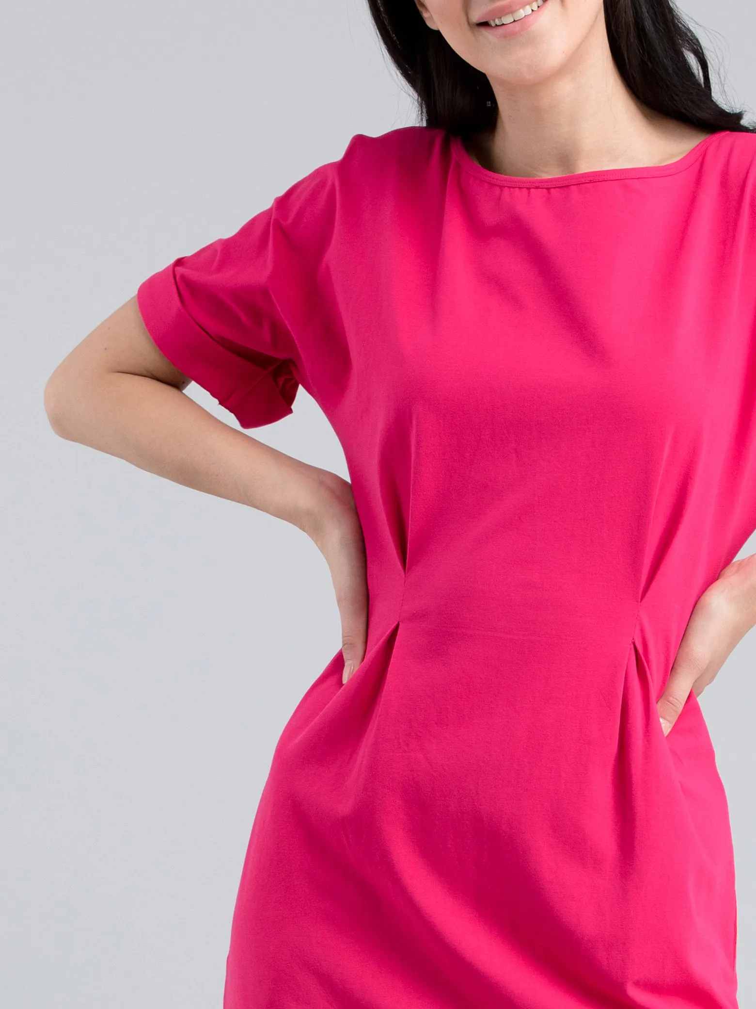 Boat Neck Drop Shoulder Knitted Fit & Flare Dress - Pink
