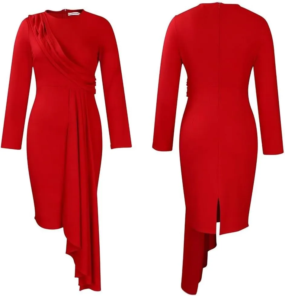 Bodycon Dresses for Women Long Sleeve Midi Sexy Round Neck Basic Party Casual Fitted Pencil Dress