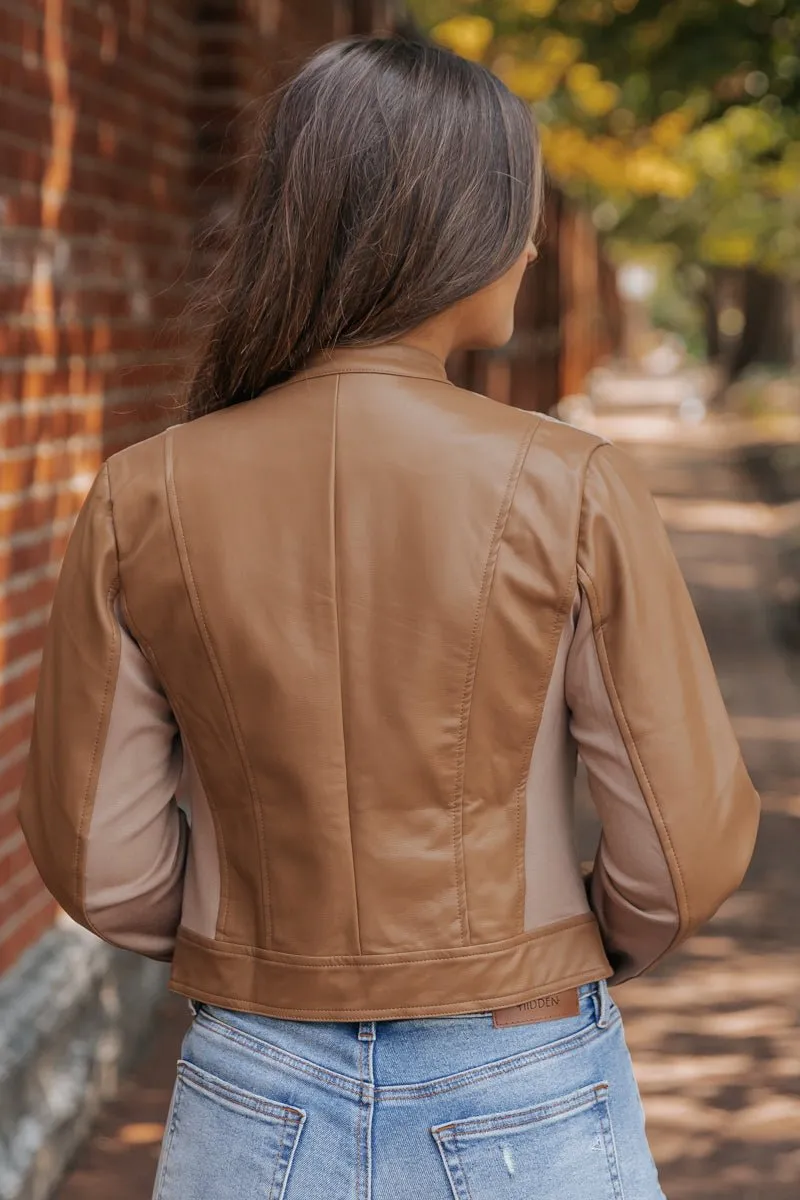 Brown Two Tone Faux Leather Jacket - DOORBUSTER