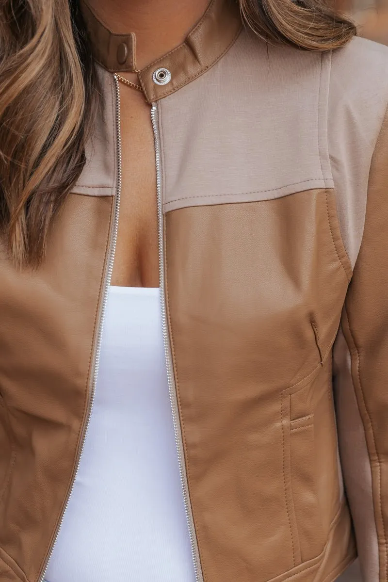 Brown Two Tone Faux Leather Jacket - DOORBUSTER