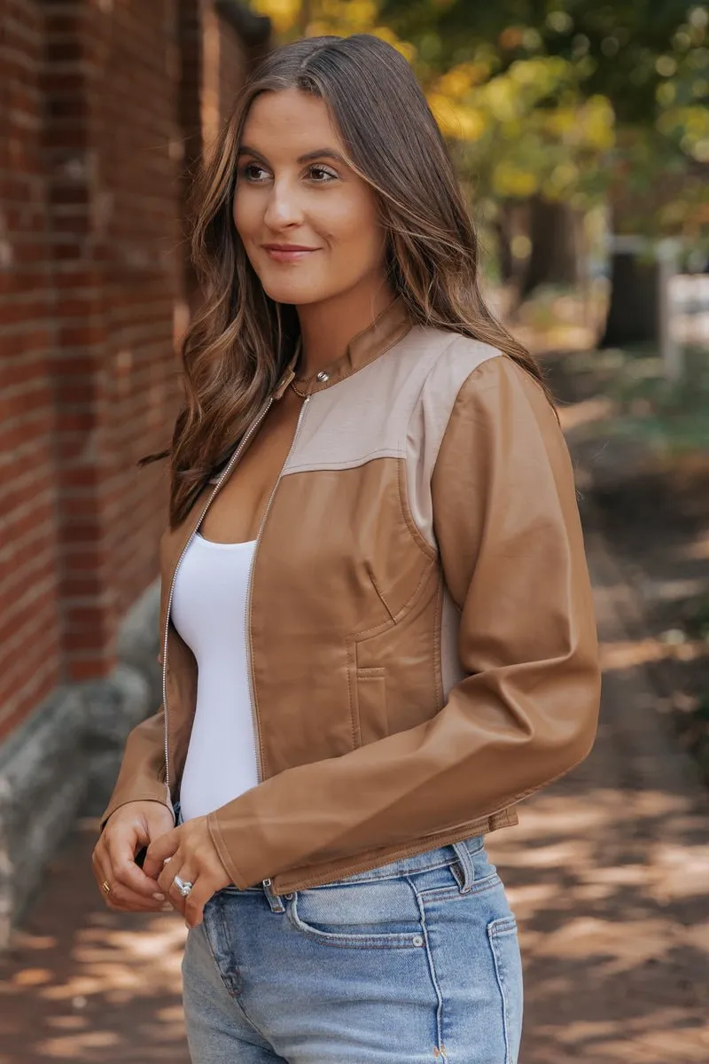 Brown Two Tone Faux Leather Jacket - DOORBUSTER