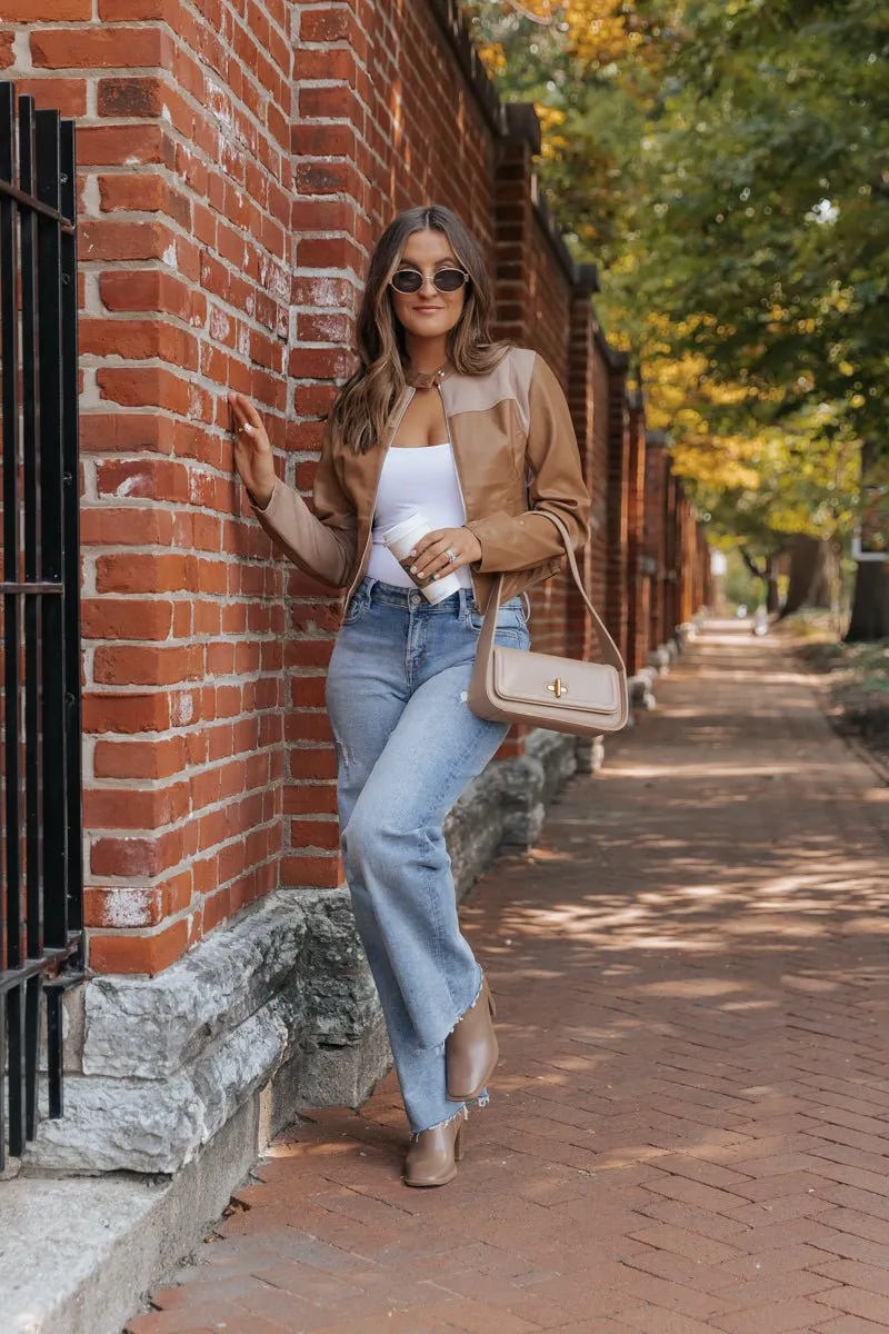 Brown Two Tone Faux Leather Jacket - DOORBUSTER