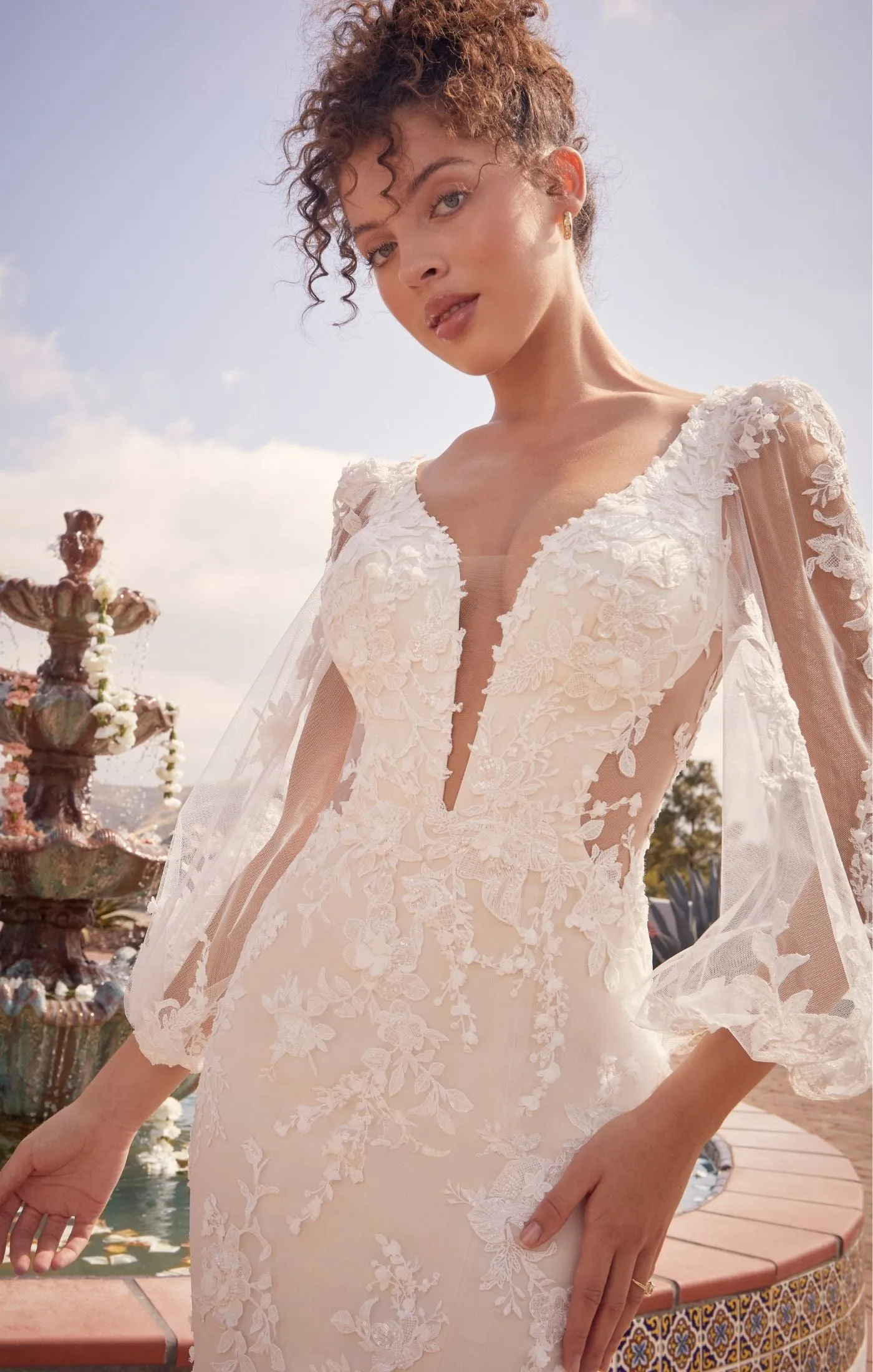 Casablanca Beloved BL434 Mermaid Sheer Long Sleeve V-Neck Open Back Lace Floral Tulle Train Wedding Gown