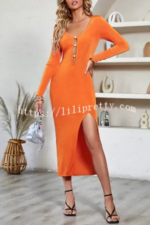 Casual V Neck Cutout Button Down Long Sleeve Slit Midi Dress