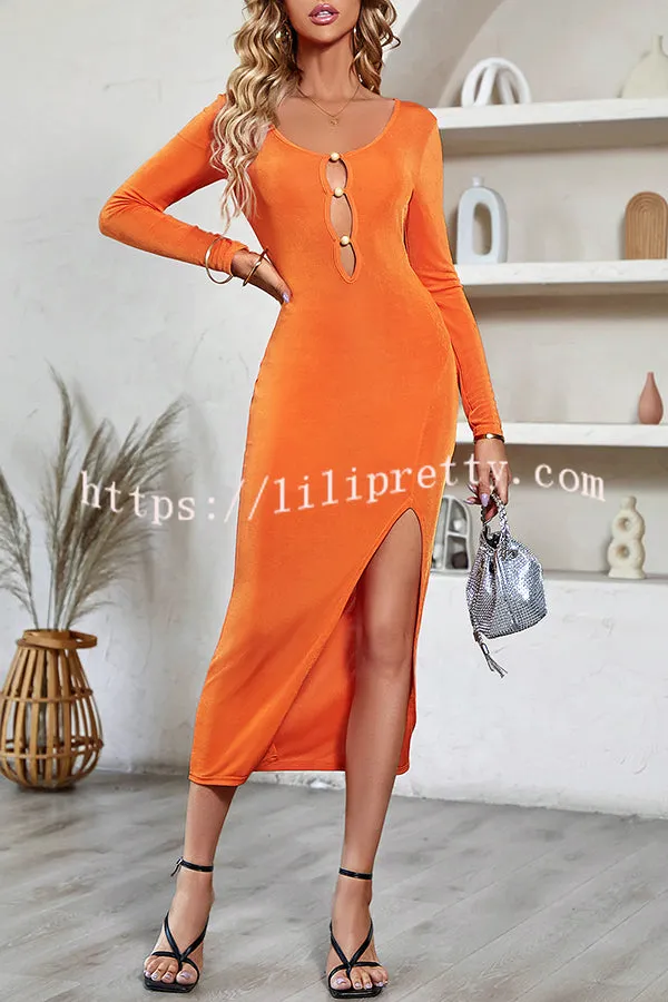 Casual V Neck Cutout Button Down Long Sleeve Slit Midi Dress
