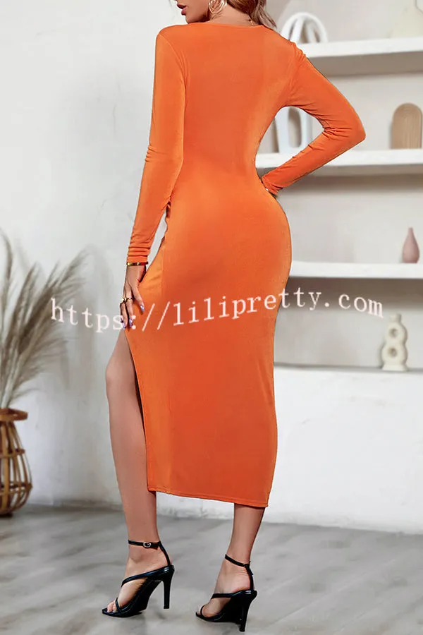 Casual V Neck Cutout Button Down Long Sleeve Slit Midi Dress