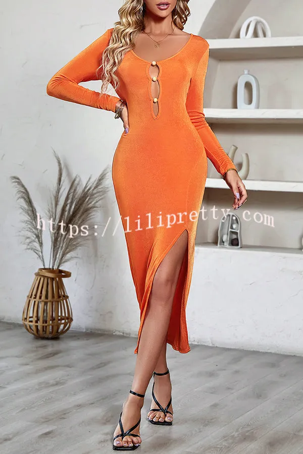 Casual V Neck Cutout Button Down Long Sleeve Slit Midi Dress