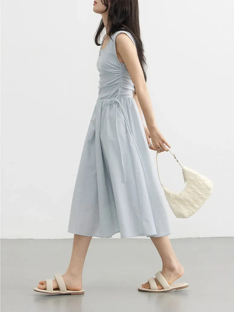 CHIC VEN Women's Dresses A Line Pullover Casual Square Neck Drawstring Patchwork Sleeveless Dress for Girl Solid Summer 2023
