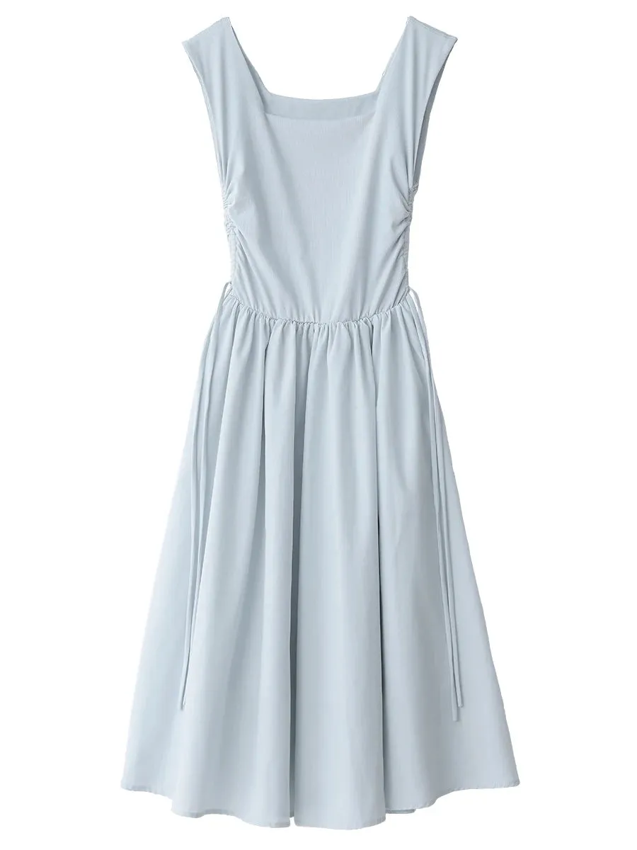 CHIC VEN Women's Dresses A Line Pullover Casual Square Neck Drawstring Patchwork Sleeveless Dress for Girl Solid Summer 2023
