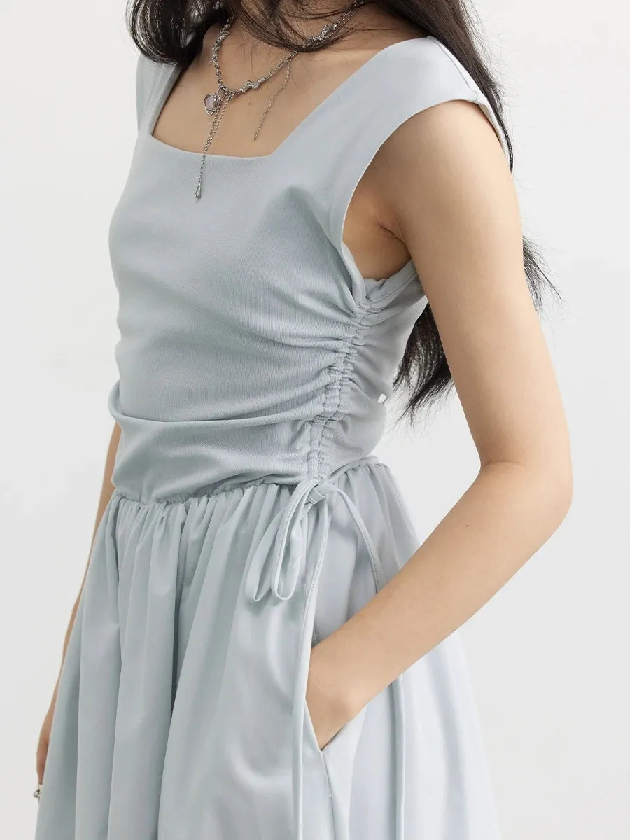CHIC VEN Women's Dresses A Line Pullover Casual Square Neck Drawstring Patchwork Sleeveless Dress for Girl Solid Summer 2023