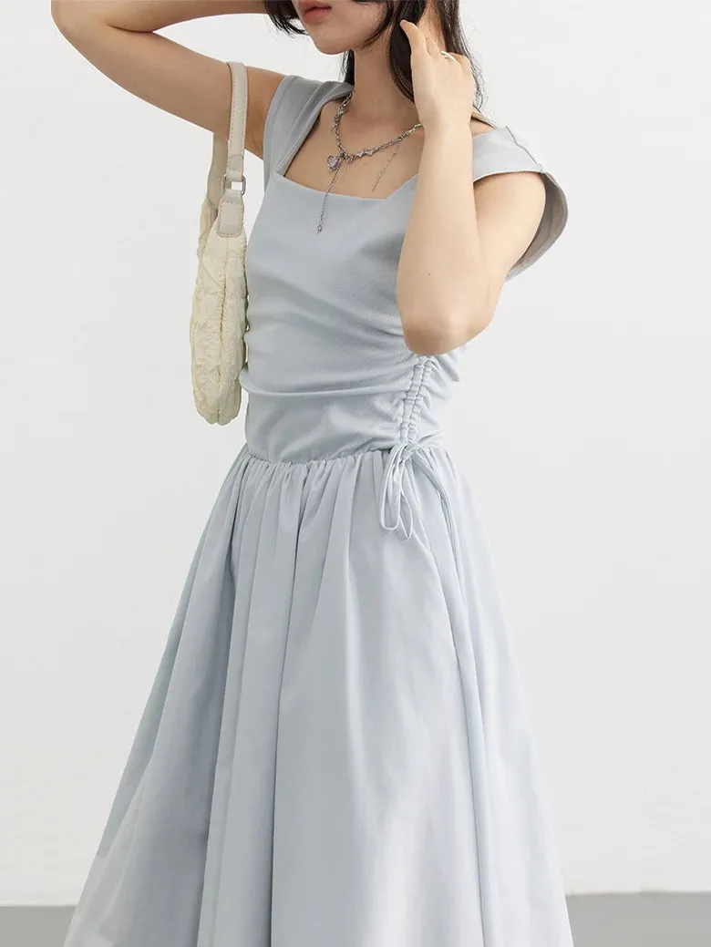 CHIC VEN Women's Dresses A Line Pullover Casual Square Neck Drawstring Patchwork Sleeveless Dress for Girl Solid Summer 2023