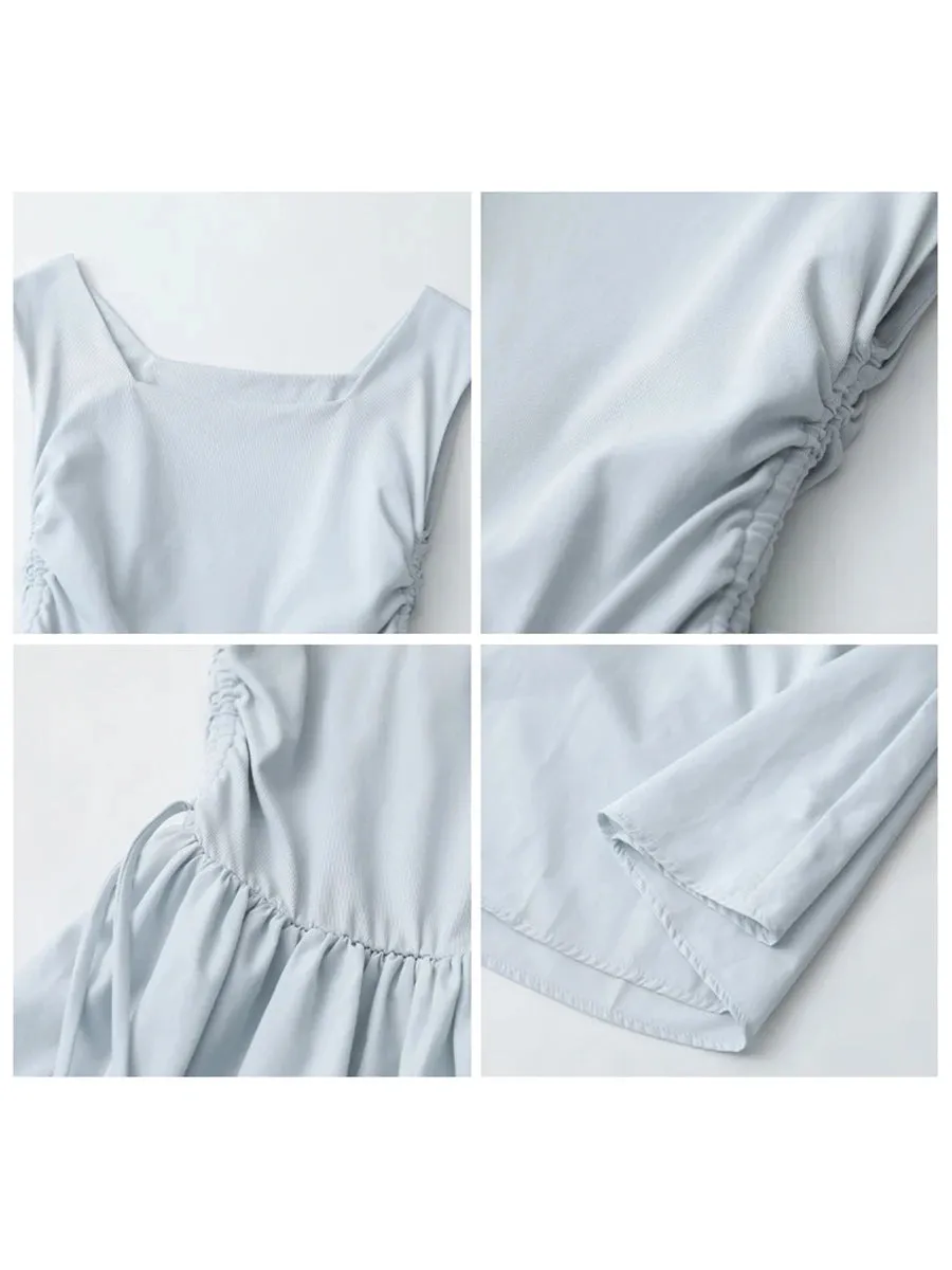 CHIC VEN Women's Dresses A Line Pullover Casual Square Neck Drawstring Patchwork Sleeveless Dress for Girl Solid Summer 2023