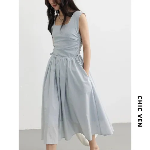 CHIC VEN Women's Dresses A Line Pullover Casual Square Neck Drawstring Patchwork Sleeveless Dress for Girl Solid Summer 2023