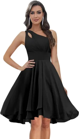Chiffon One Shoulder Bridesmaid Dresses Short with Pleats A-line Formal Party Dresses for Women