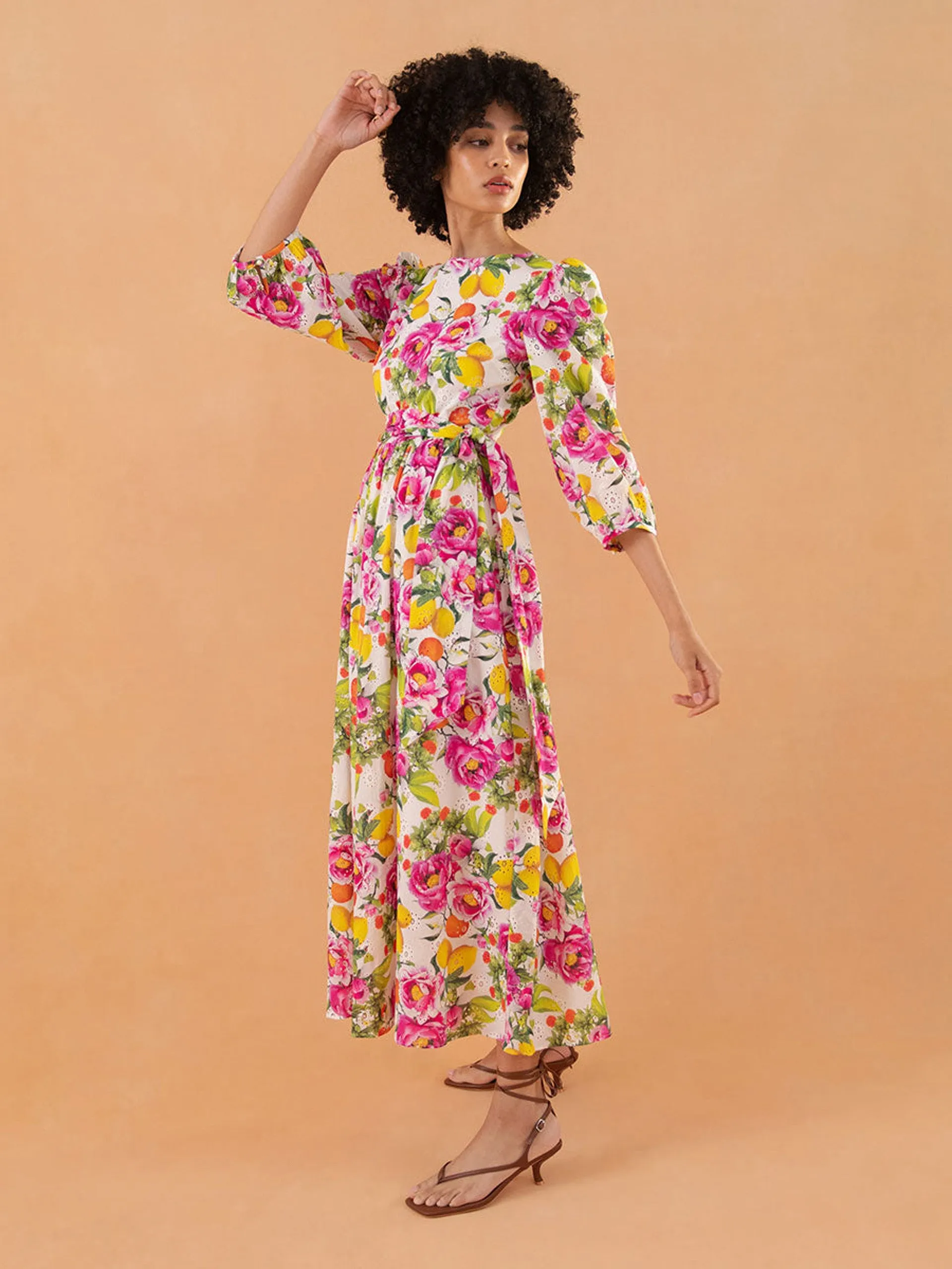 Constance broderie anglaise midi dress, peonia pink