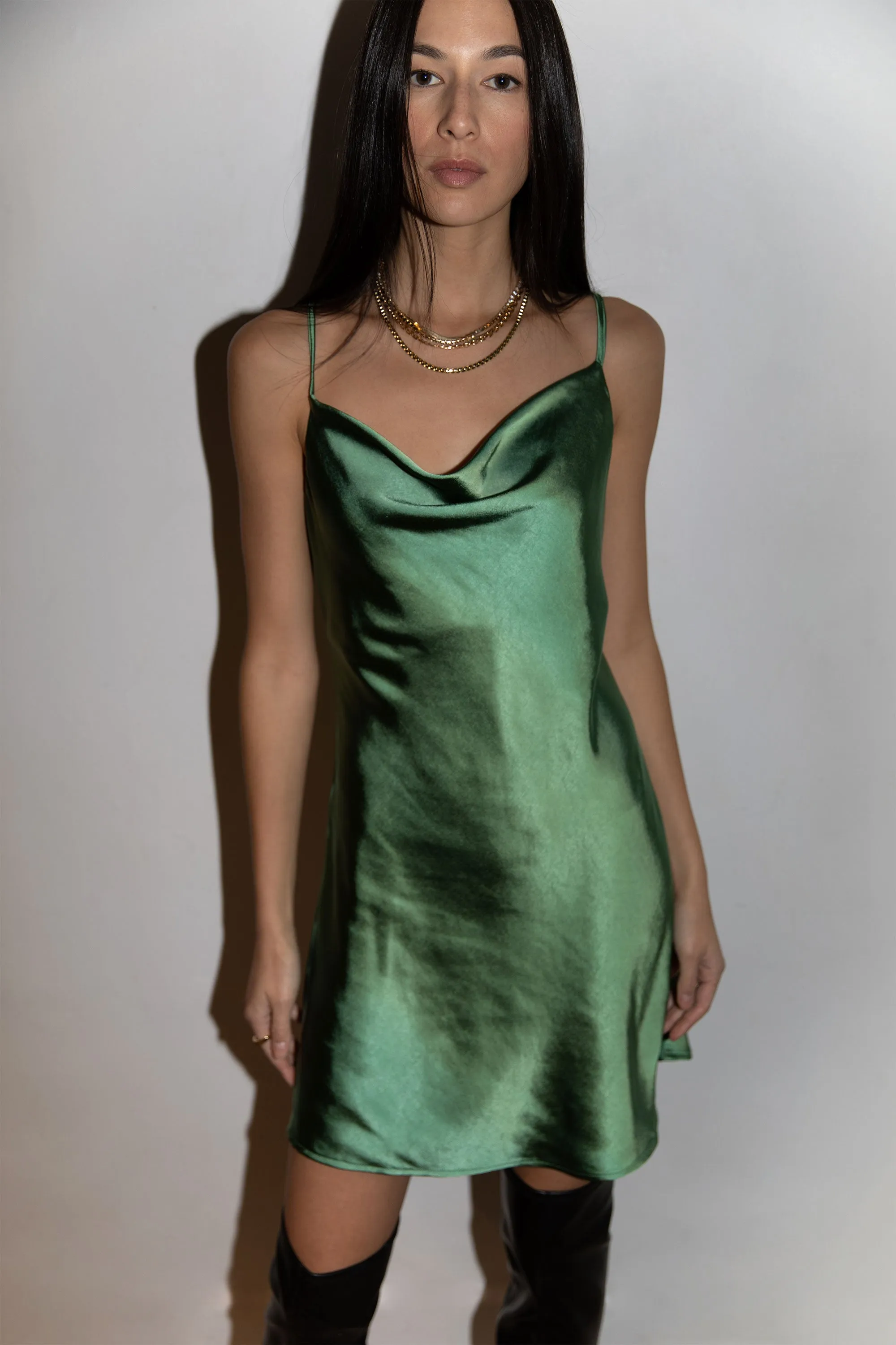 COWL NECK SATIN MINI DRESS