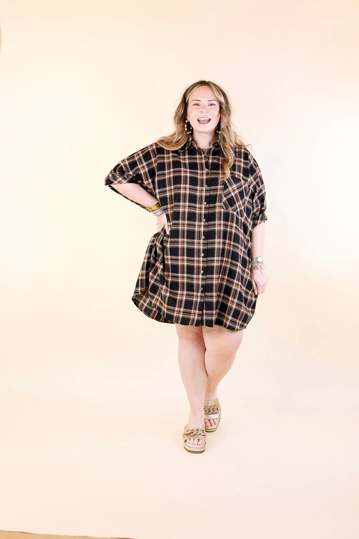 Cozy And Kind Button Up Plaid Dress in Black