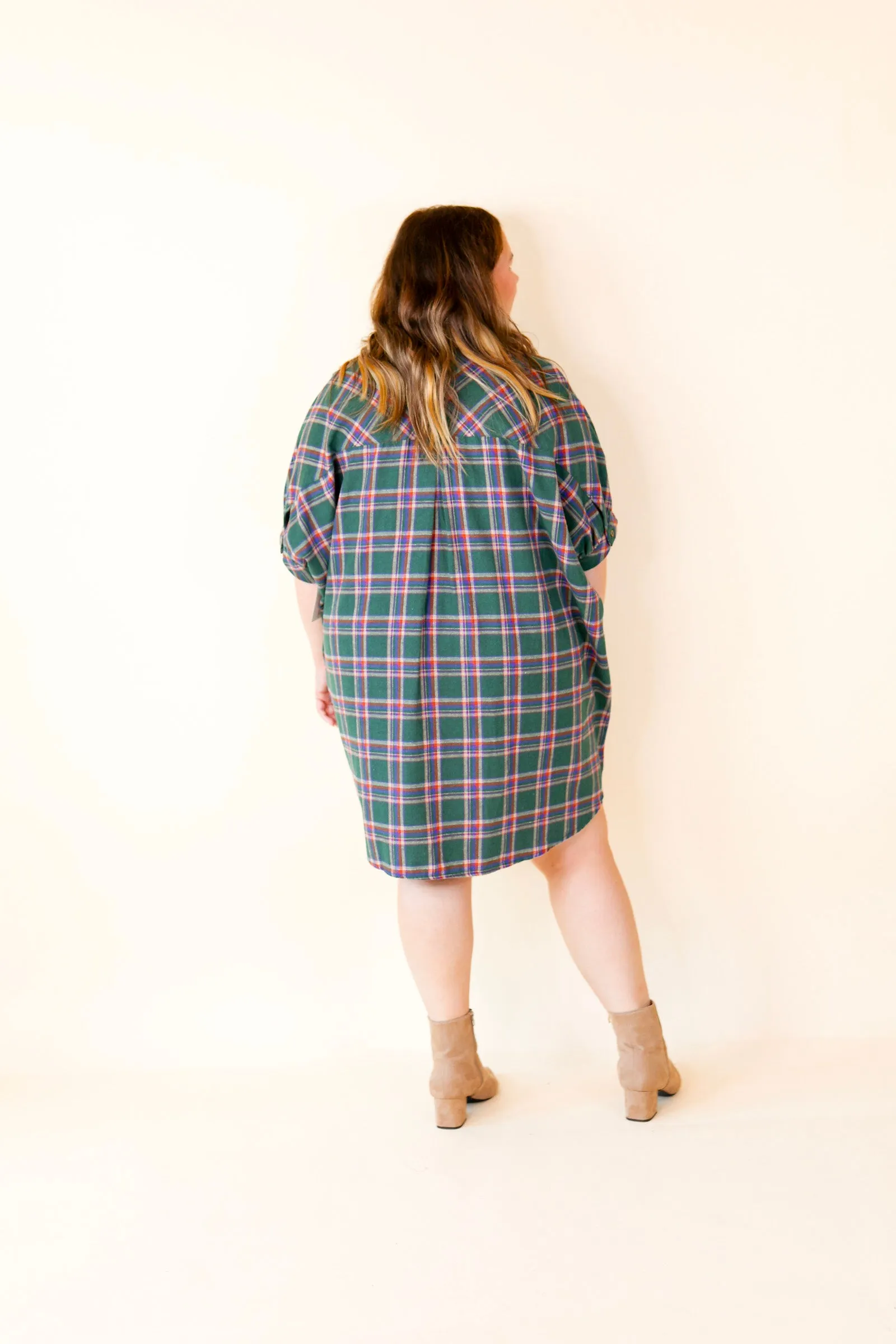 Cozy And Kind Button Up Plaid Dress in Green