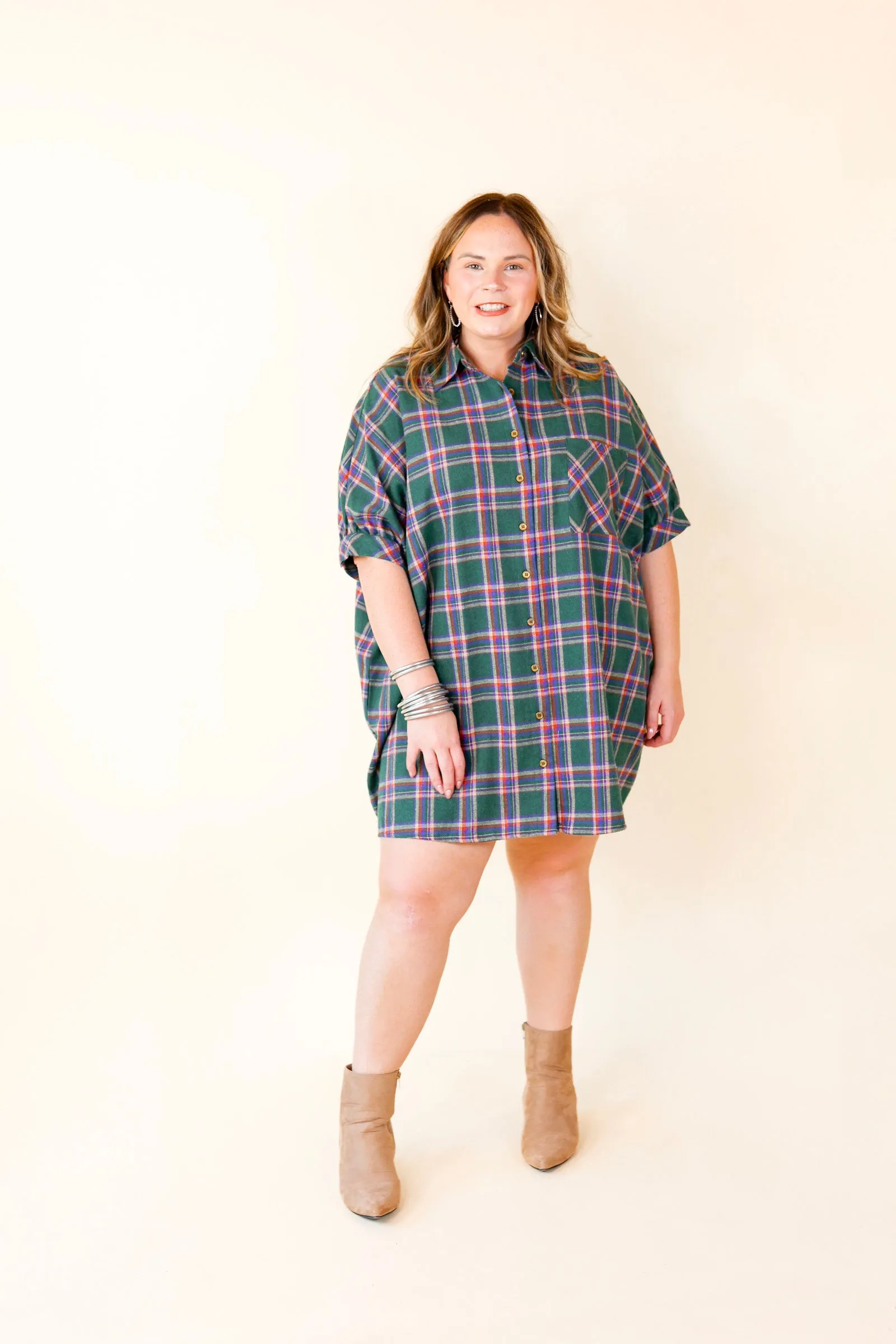 Cozy And Kind Button Up Plaid Dress in Green